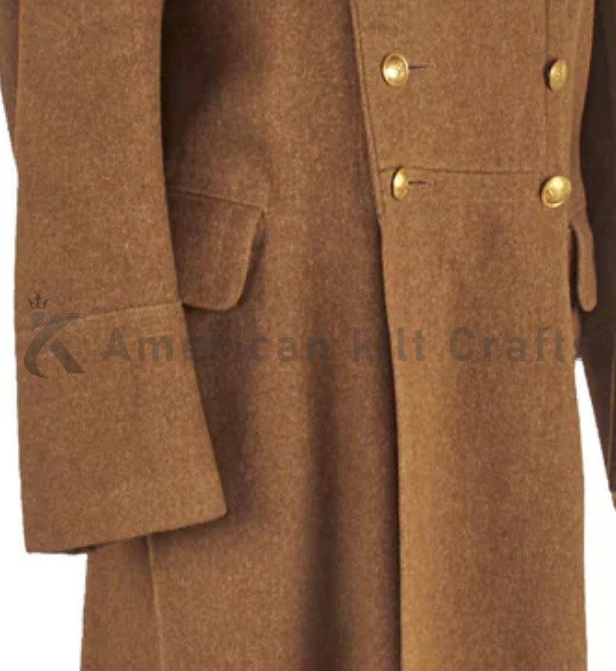 Close-up of men's brown wool military overcoat showing wool texture buttons and military details.