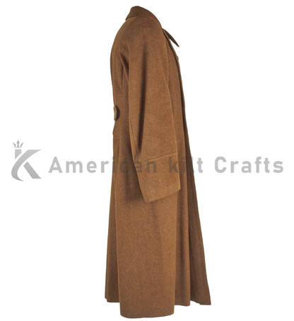 Side view of men's brown wool military overcoat showing long classic greatcoat silhouette
