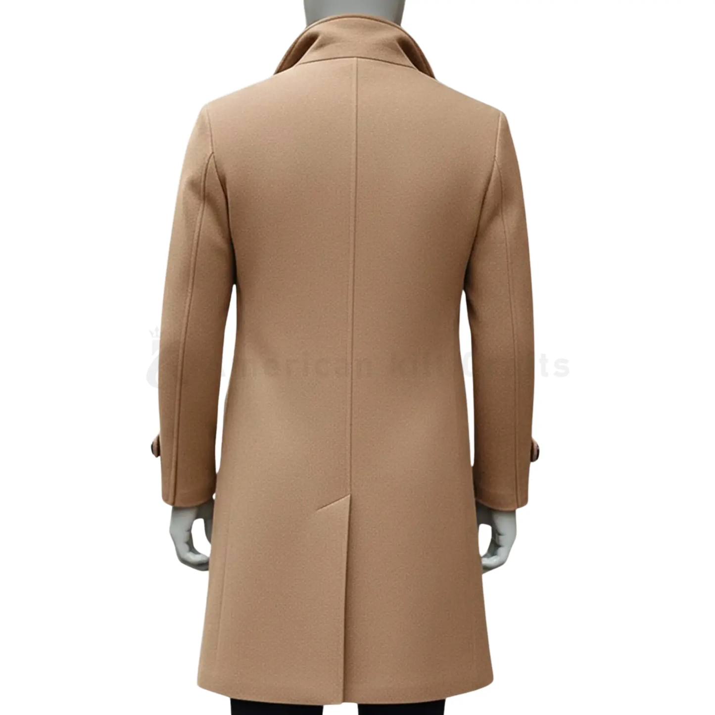 Back view of men’s camel wool overcoat showing clean tailored structure and classic winter coat design.