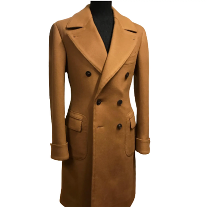 Men’s camel wool military overcoat front view featuring a classic double-breasted closure, structured lapels and tailored long winter coat silhouette.