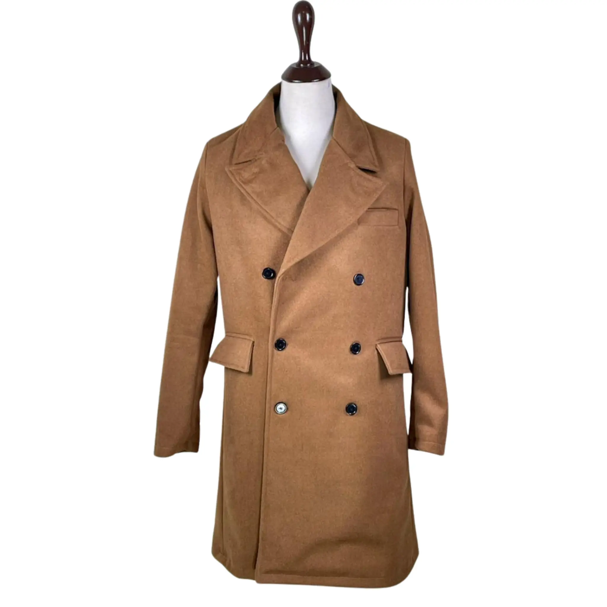 Front view of men’s camel wool overcoat featuring a double-breasted British greatcoat design, structured lapels, and classic winter military styling.