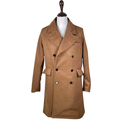 Front view of men’s camel wool overcoat featuring a double-breasted British greatcoat design, structured lapels, and classic winter military styling.