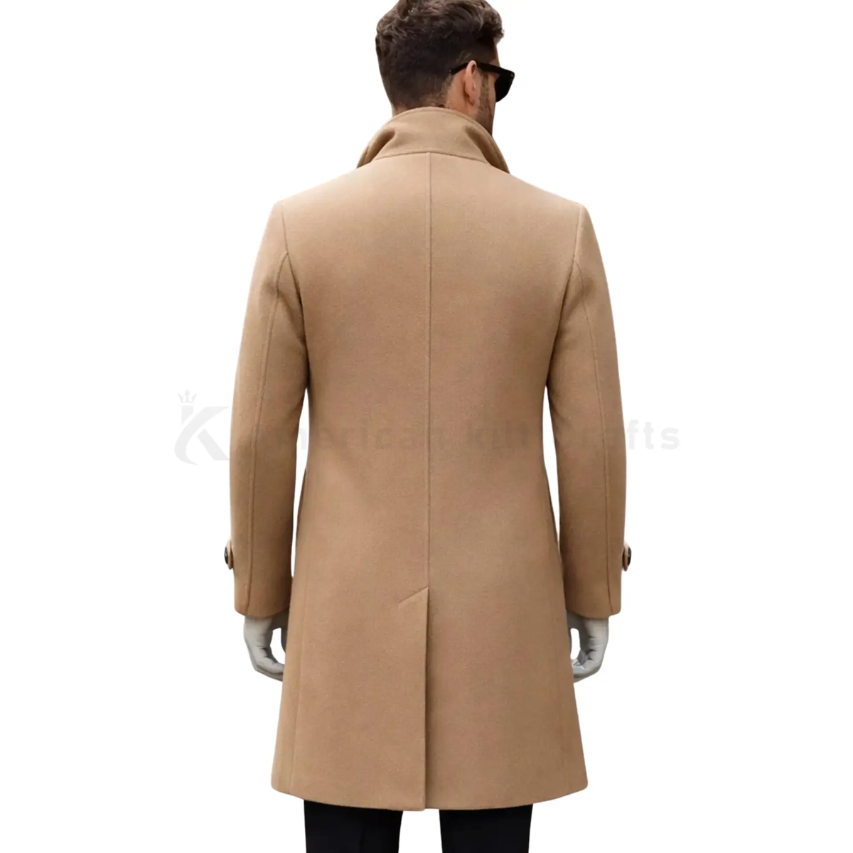 Back view of men’s camel wool overcoat showing the clean tailored silhouette, structured shoulders, and knee-length winter coat design.
