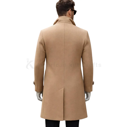 Back view of men’s camel wool overcoat showing the clean tailored silhouette, structured shoulders, and knee-length winter coat design.