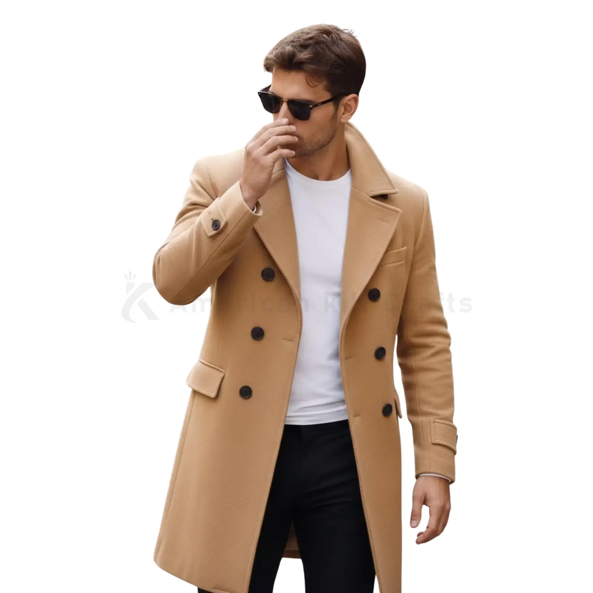 Side view of men’s camel wool double-breasted overcoat highlighting the tailored profile, knee-length cut, and classic winter fit.