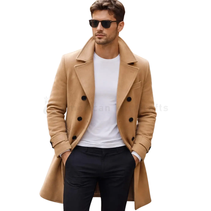 This men’s camel wool double-breasted overcoat highlighting the tailored profile, knee-length cut, and classic winter fit.