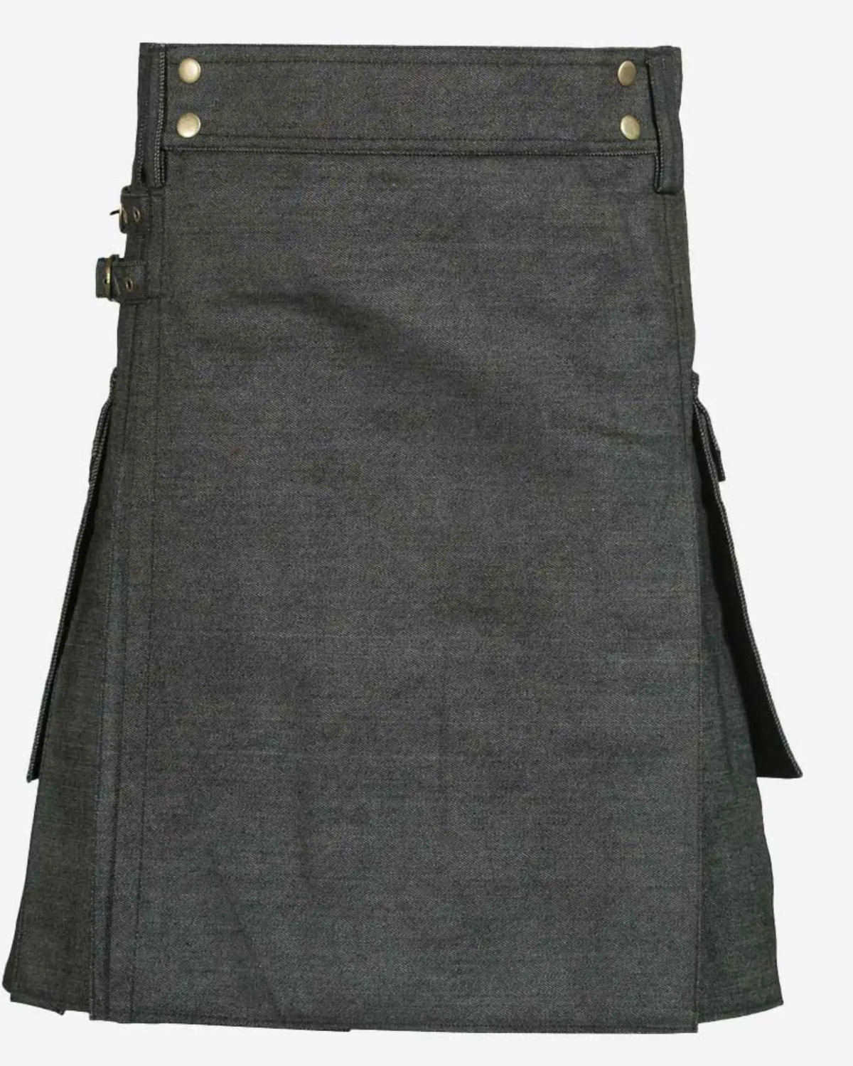 Men's custom handmade black denim Scottish utility kilt front view featuring durable denim fabric, practical utility styling, and a modern Highland kilt design.