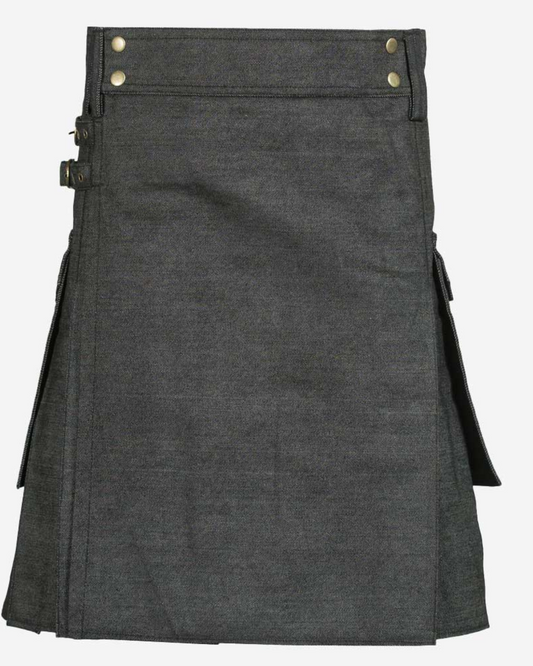 Men's custom handmade black denim Scottish utility kilt front view featuring durable denim fabric, practical utility styling, and a modern Highland kilt design.