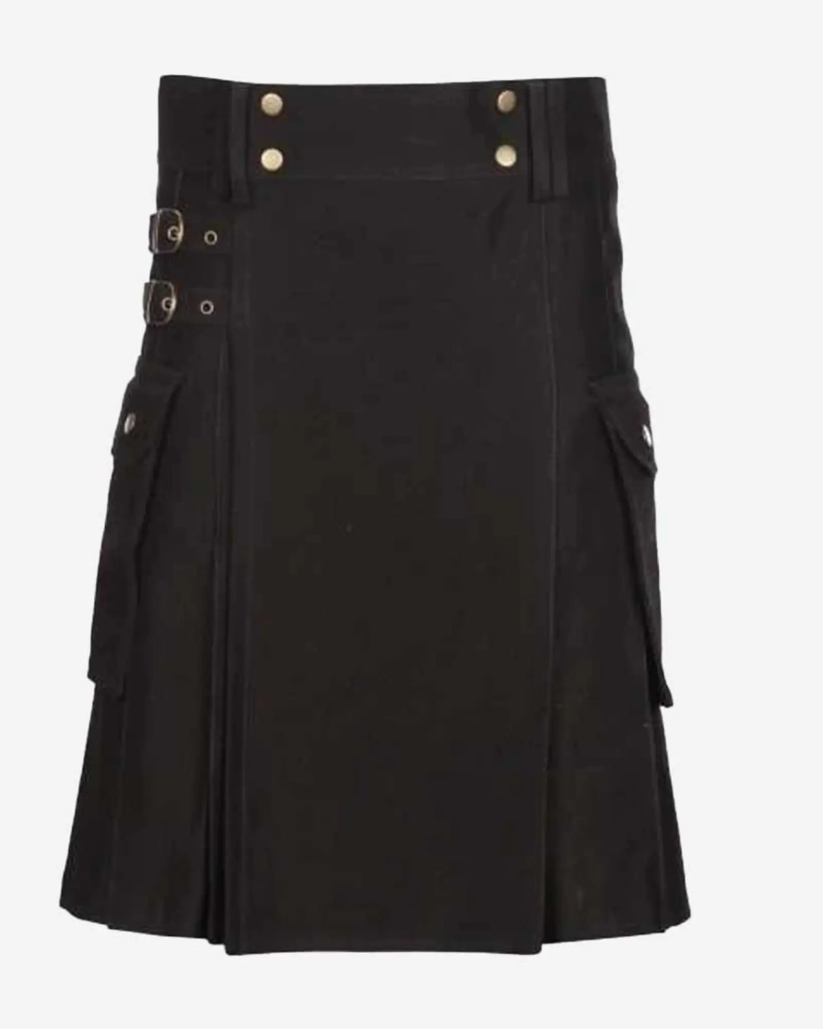 Men's custom handmade traditional black Scottish utility kilt front view featuring durable fabric, classic Highland styling, and a modern functional design.