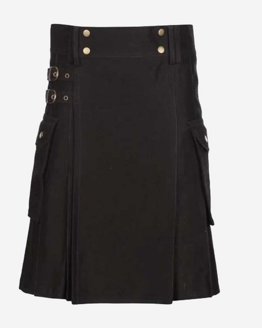 Men's custom handmade traditional black Scottish utility kilt front view featuring durable fabric, classic Highland styling, and a modern functional design.