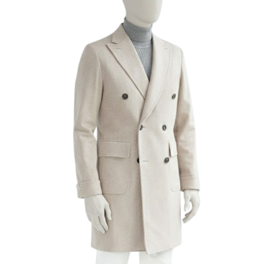 Men’s double-breasted slim fit long coat front view, classic lapel winter overcoat for formal and smart casual wear.
