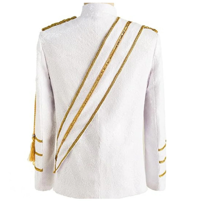 Back view of men’s drummer military jacket showing the tailored silhouette and classic parade band styling.