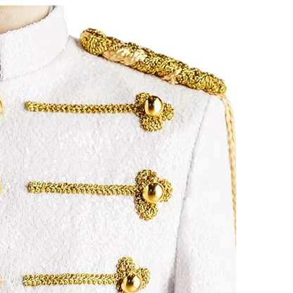 Close-up of men’s drummer military jacket showing decorative buttons, trim, collar, and detailed craftsmanship.