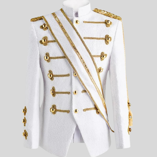 Men’s drummer military jacket front view featuring a structured parade design, decorative detailing, and marching band style.
