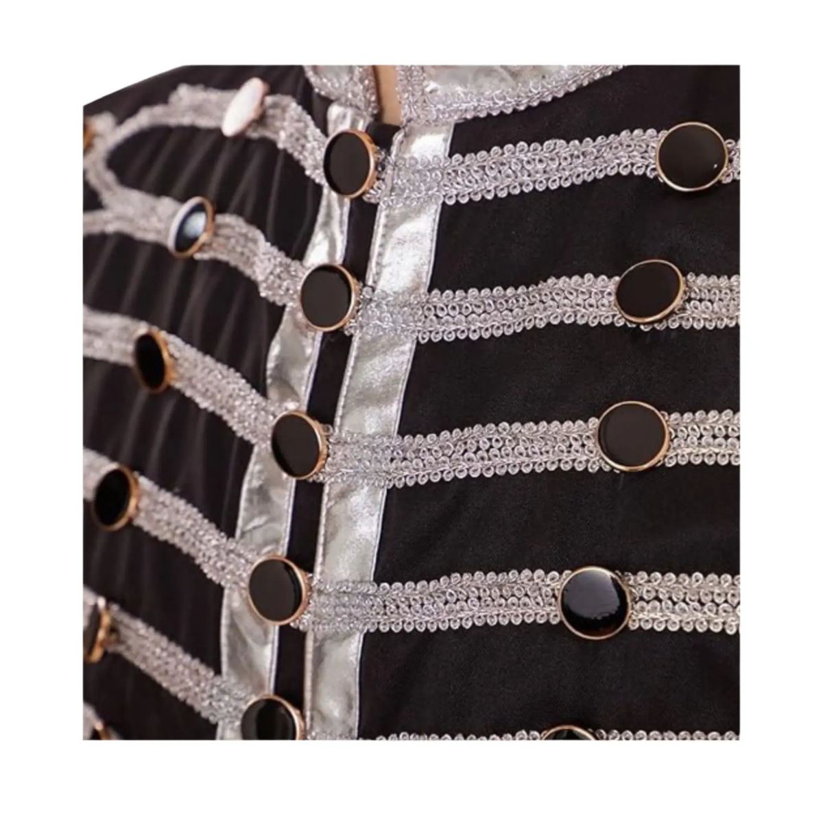 Close-up of men’s drummer parade jacket showing detailed buttons, trim, collar, and gothic steampunk military craftsmanship.