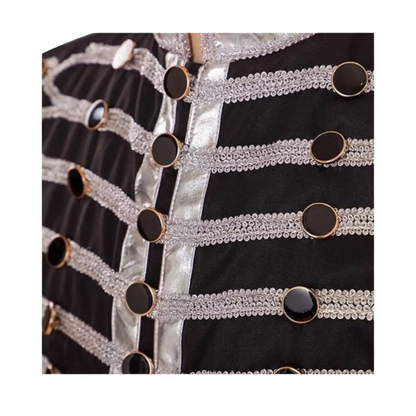 Close-up of men’s drummer parade jacket showing detailed buttons, trim, collar, and gothic steampunk military craftsmanship.