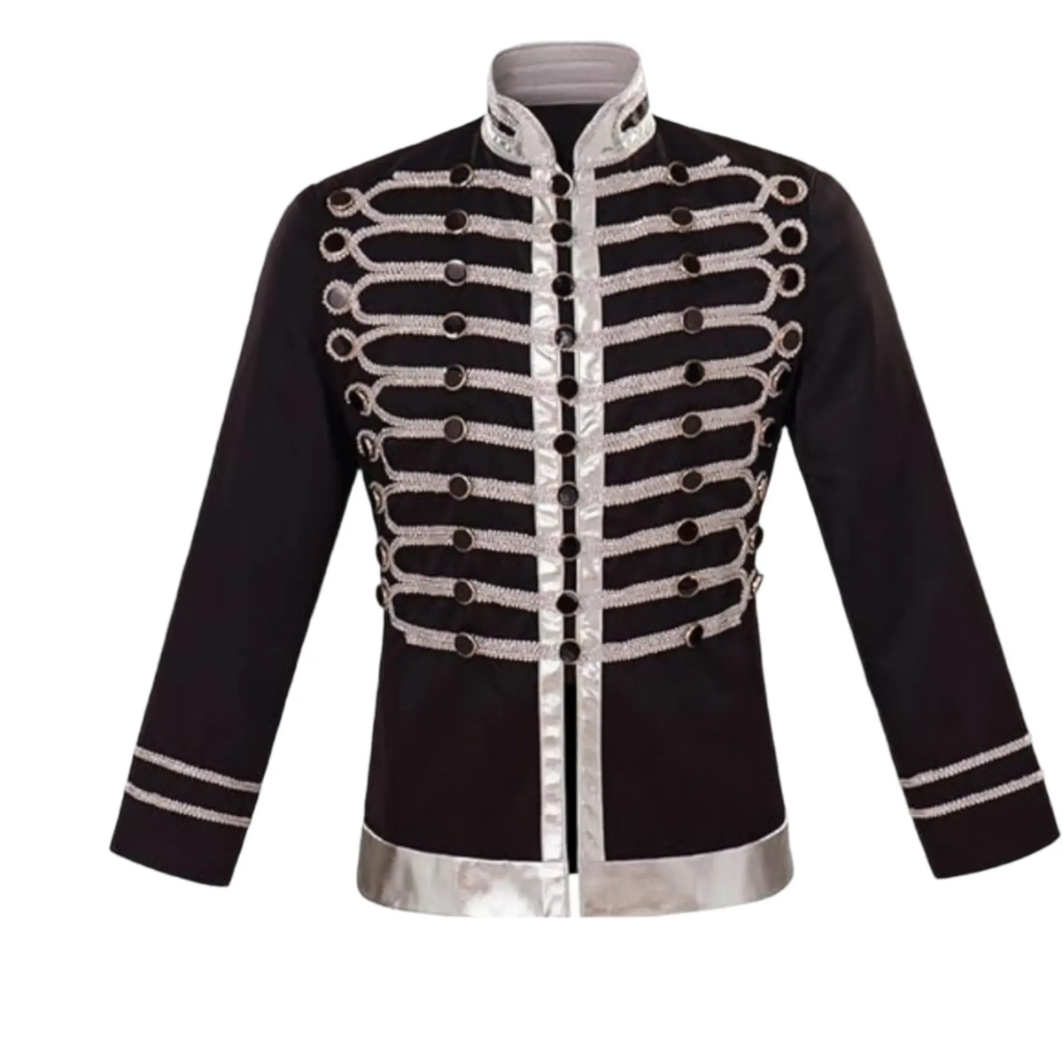 Men’s drummer parade jacket front view featuring gothic steampunk military styling, structured tailoring, and decorative details.