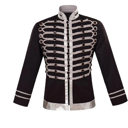 Men’s drummer parade jacket front view featuring gothic steampunk military styling, structured tailoring, and decorative details.