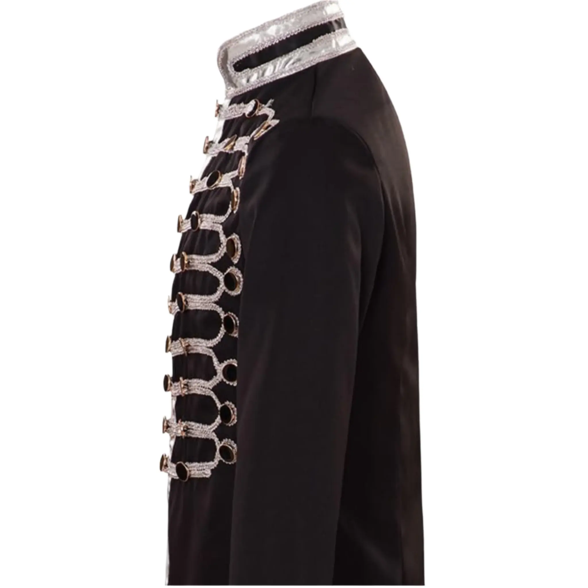 Side view of men’s drummer parade jacket showing the tailored silhouette, military-inspired cut, and decorative detailing.