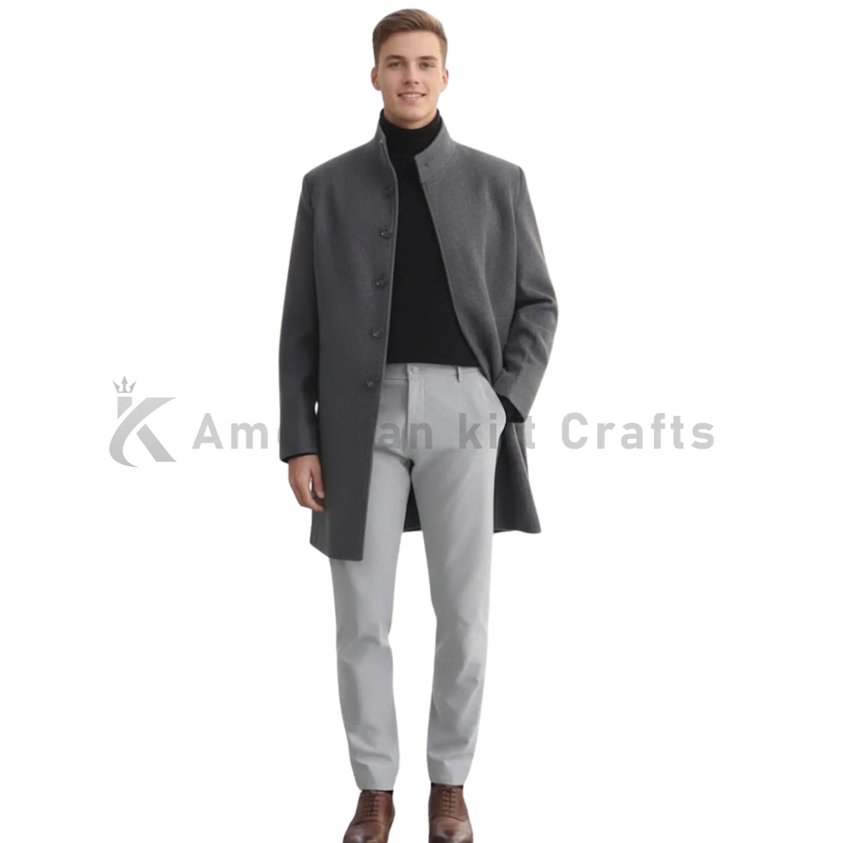 Men’s full-length premium wool overcoat front view with classic single-breasted closure, tailored fit and elegant formal winter design.