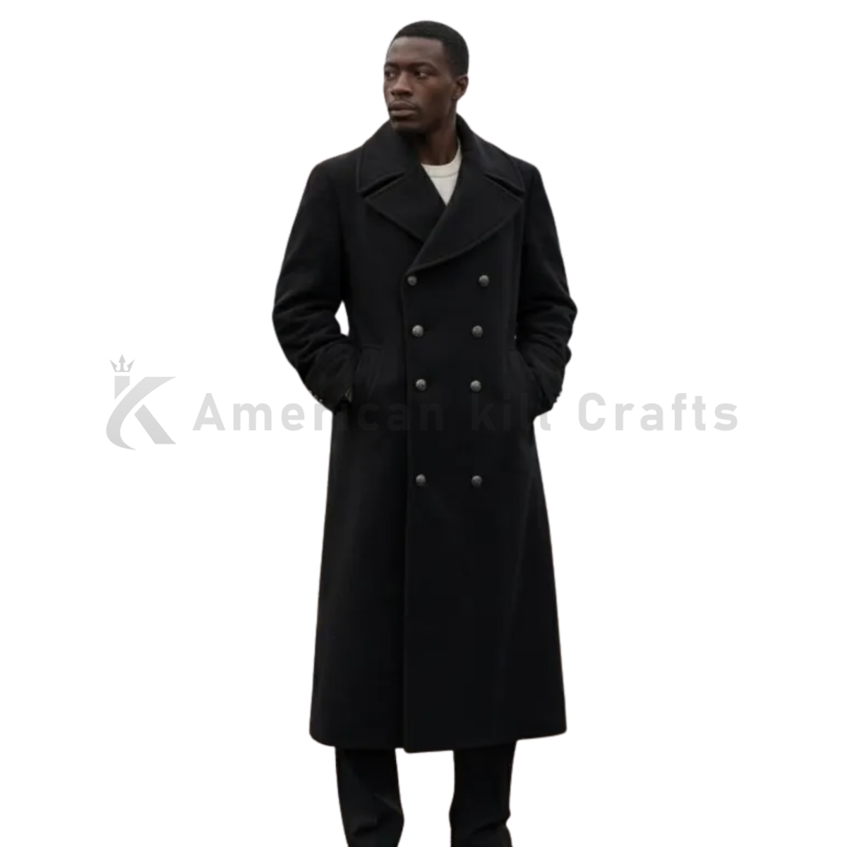 Men’s full-length premium wool overcoat front view with classic double-breasted closure, tailored fit and elegant formal winter design.