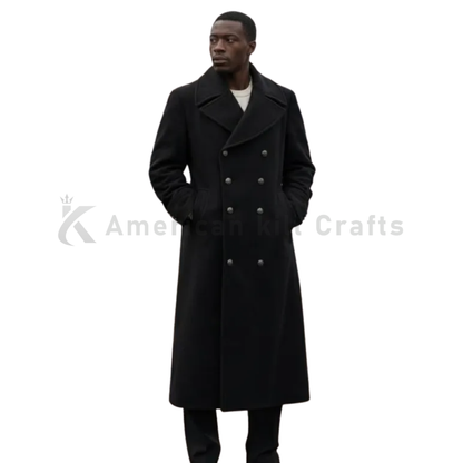 Men’s full-length premium wool overcoat front view with classic double-breasted closure, tailored fit and elegant formal winter design.