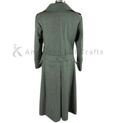 Men's German Army military greatcoat in grey wool, back view.