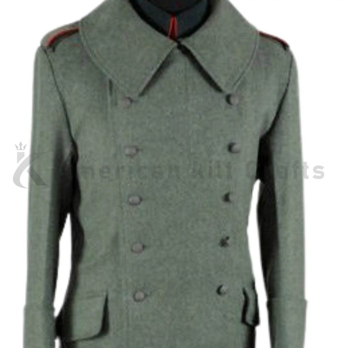 Close-up view of grey wool fabric and detailing on men's German Army military greatcoat.