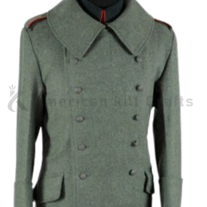 Close-up view of grey wool fabric and detailing on men's German Army military greatcoat.