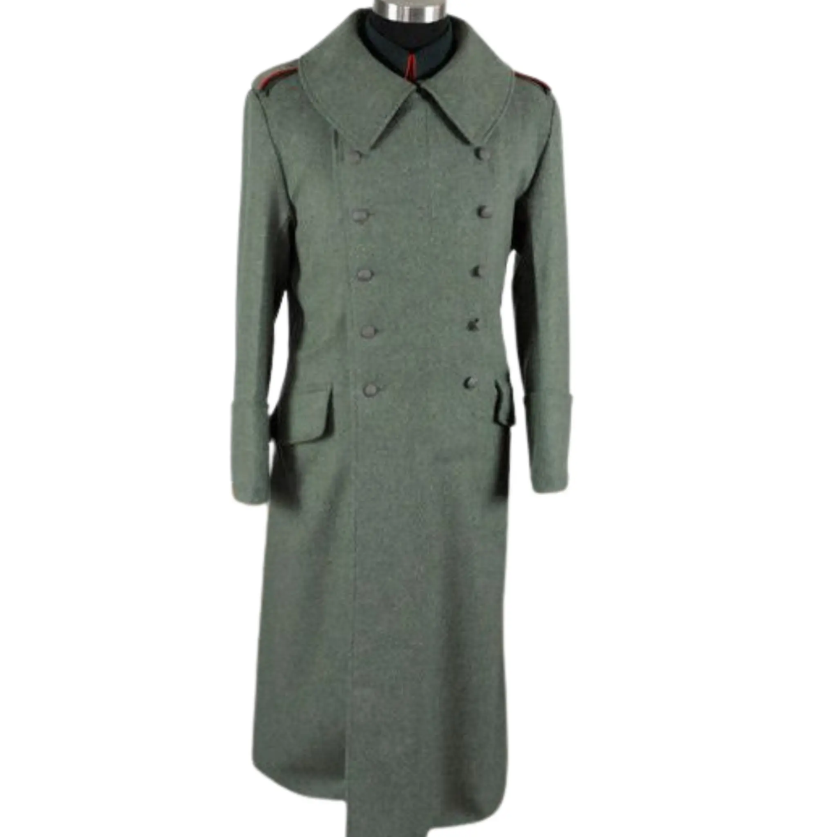 Men's German Army military greatcoat in grey wool, front view.