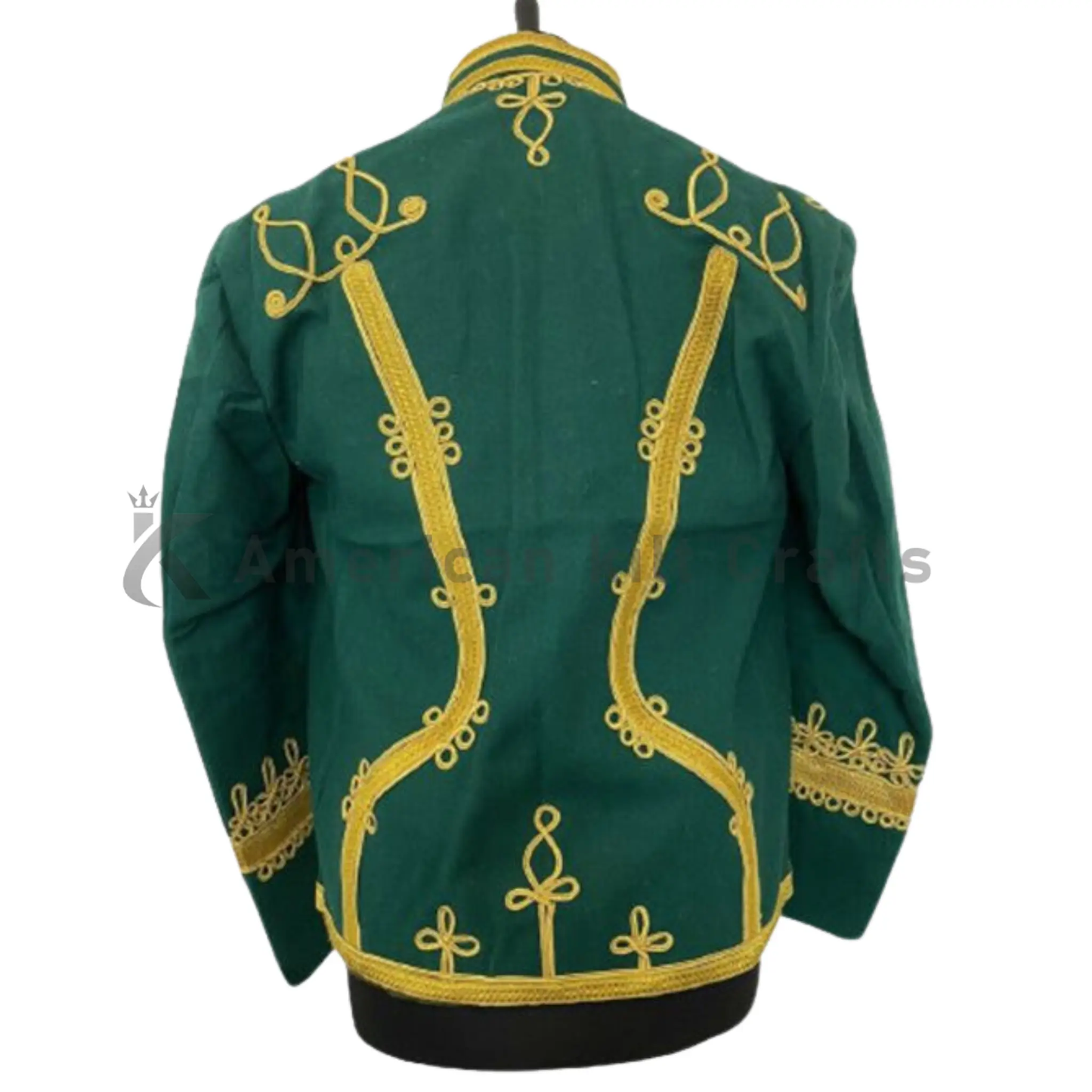Back view of men’s green Napoleonic Hussar military jacket showing structured heavy wool tailoring and classic military uniform styling.