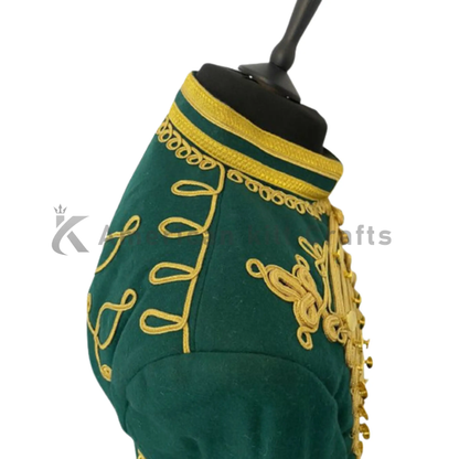 Close up view of men’s green Napoleonic Hussar military jacket with gold braided detailing, brass buttons and tailored Napoleonic-inspired design.