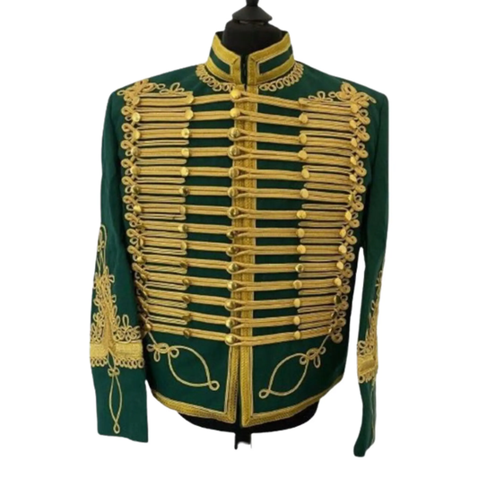 Men’s green Napoleonic Hussar military jacket front view featuring heavy wool fabric, ornate gold braiding and decorative brass buttons.