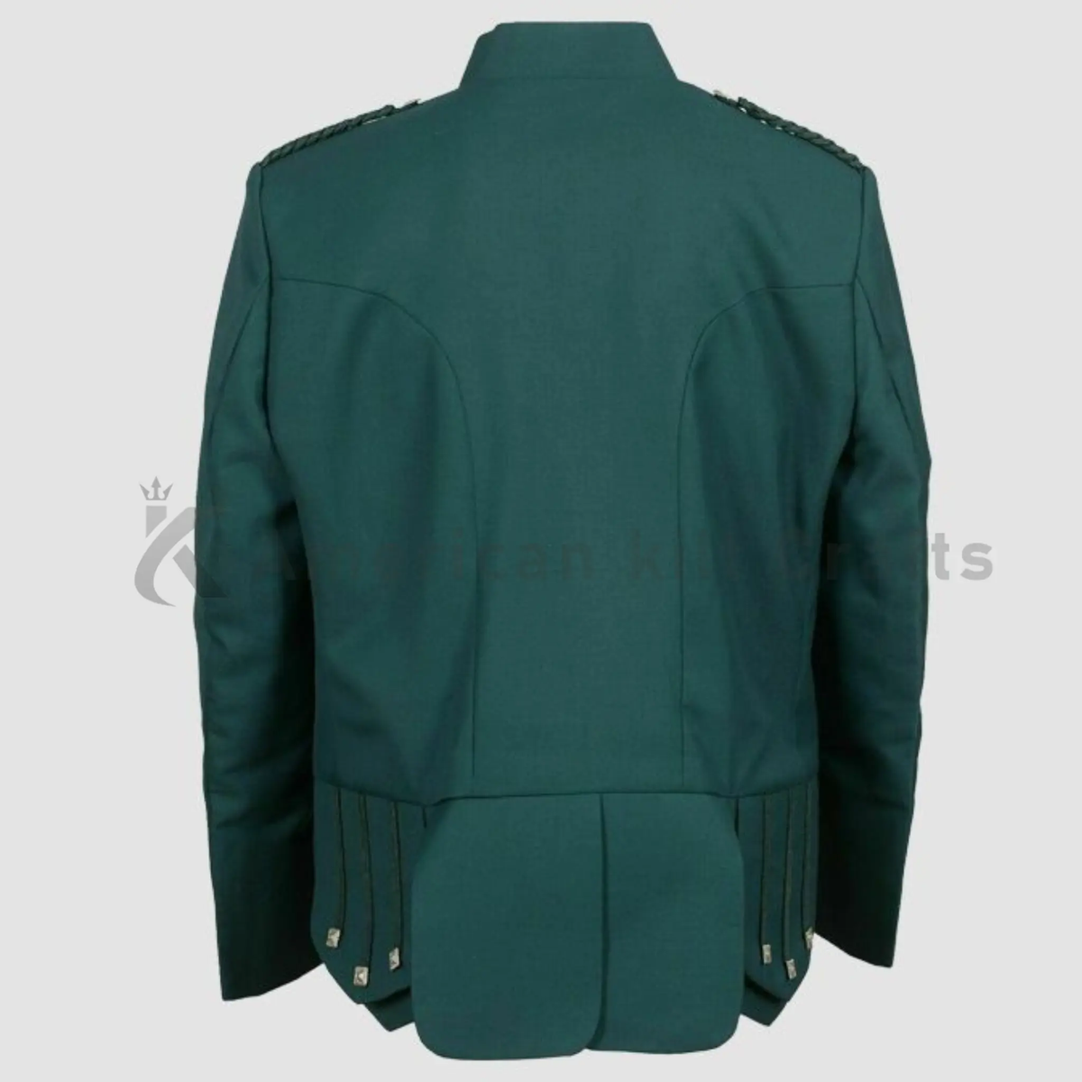 Back view of men's green Sheriffmuir wool doublet jacket featuring a tailored Scottish Highland formal design.