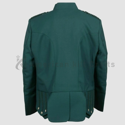 Back view of men's green Sheriffmuir wool doublet jacket featuring a tailored Scottish Highland formal design.