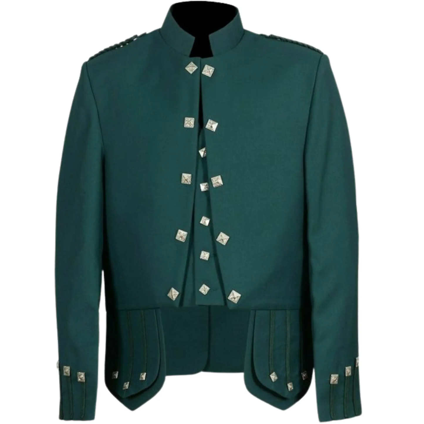 Men's green Sheriffmuir doublet jacket front view with traditional Scottish Highland styling, decorative buttons and matching waistcoat.