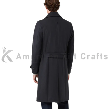 Back view of men’s grey Milford military overcoat showing structured shoulders, clean tailoring and a classic long officer greatcoat silhouette.