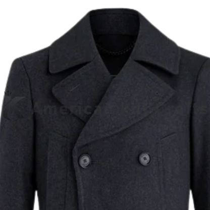 Close-up of men’s Grey Milford military overcoat showing the double-breasted buttons, structured collar, wool fabric texture and refined officer-style detailing.