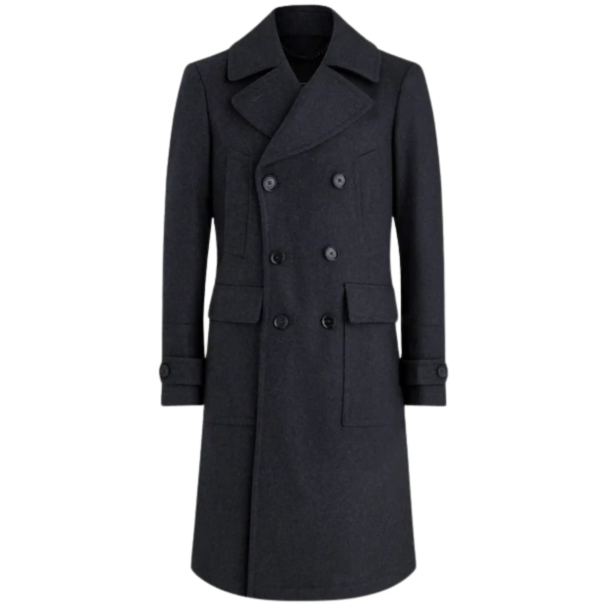 Men’s Grey Milford military overcoat front view featuring a double-breasted closure, structured officer-style design and long wool winter coat silhouette.