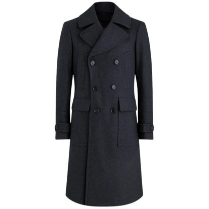 Men’s Grey Milford military overcoat front view featuring a double-breasted closure, structured officer-style design and long wool winter coat silhouette.