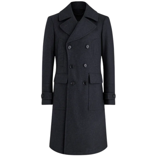 Men’s Grey Milford military overcoat front view featuring a double-breasted closure, structured officer-style design and long wool winter coat silhouette.