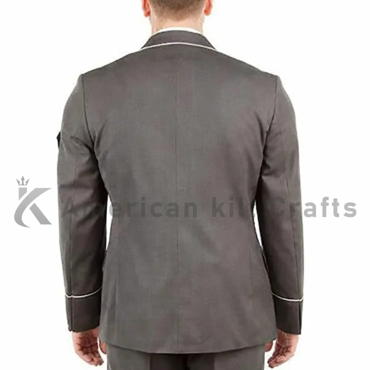 Full-length back view men’s grey military officer jacket structured design