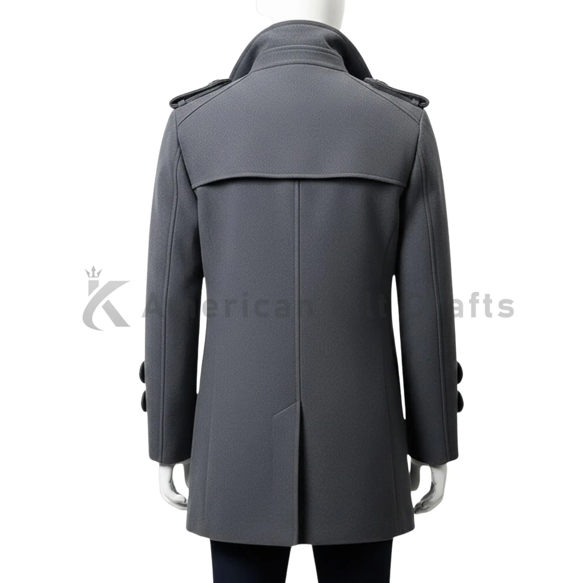 Back View of Men’s Grey Wool Blend Overcoat – Classic Double Breasted Winter Coat