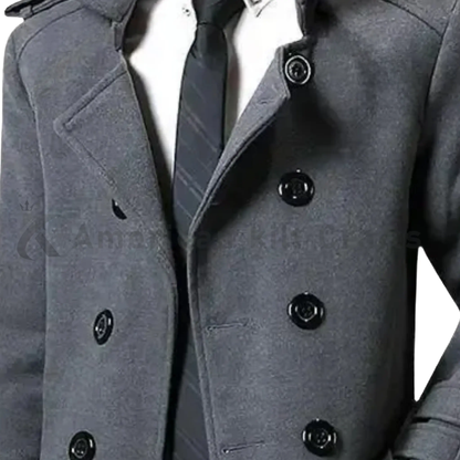Close-Up of Grey Wool Blend Fabric – Men’s Winter Overcoat Texture Detail