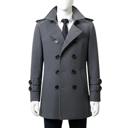 Men’s Grey Wool Blend Overcoat – Double Breasted Winter Coat Front View