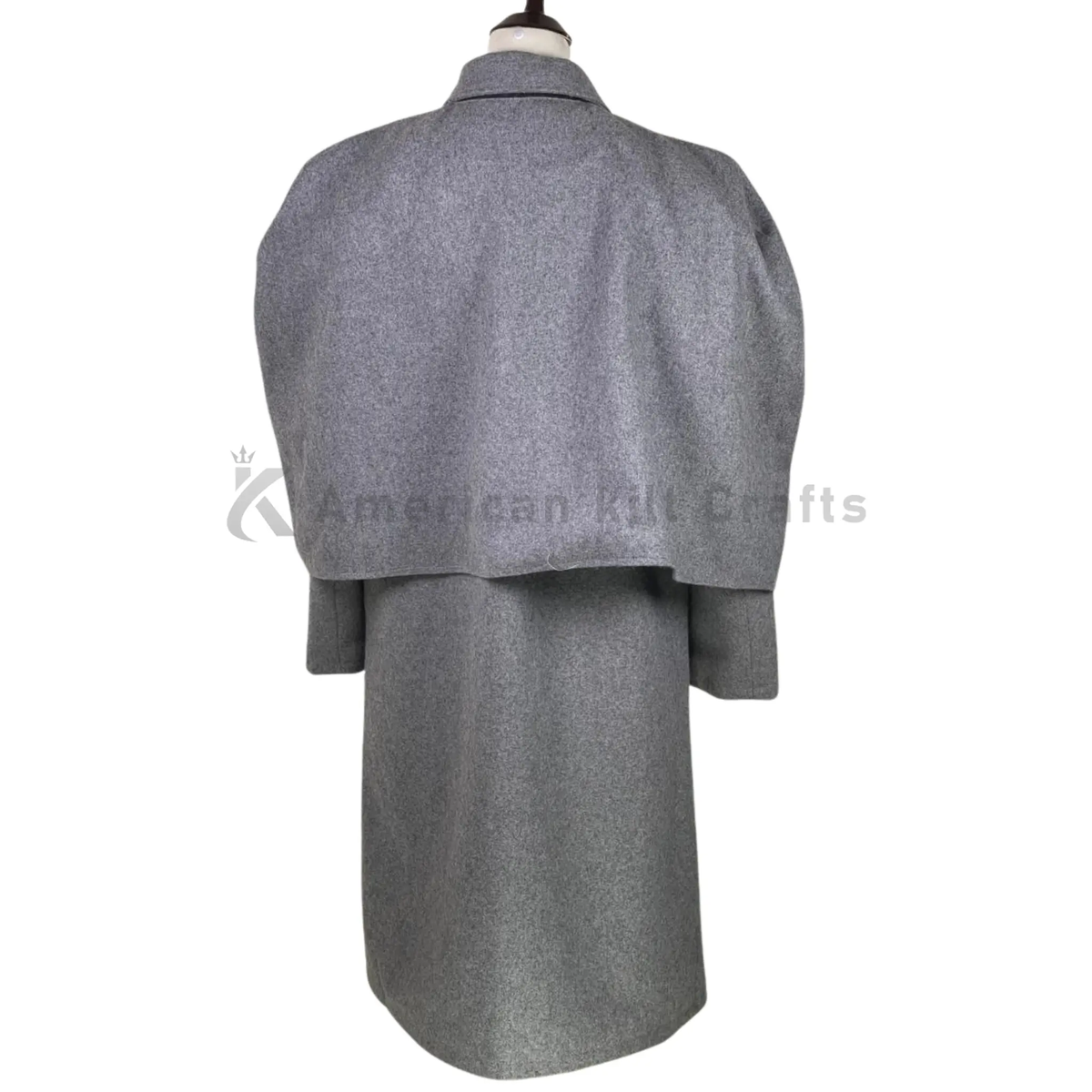 Back view of men’s grey wool Inverness cape showing the flowing shoulder cape, long tailored silhouette and classic Victorian winter overcoat design.