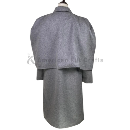 Back view of men’s grey wool Inverness cape showing the flowing shoulder cape, long tailored silhouette and classic Victorian winter overcoat design.