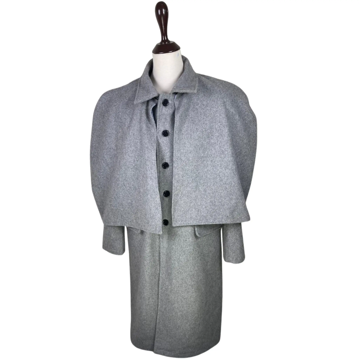 Men’s grey wool Inverness cape front view featuring a classic Victorian long overcoat design with layered shoulder cape and Sherlock Holmes inspired styling.