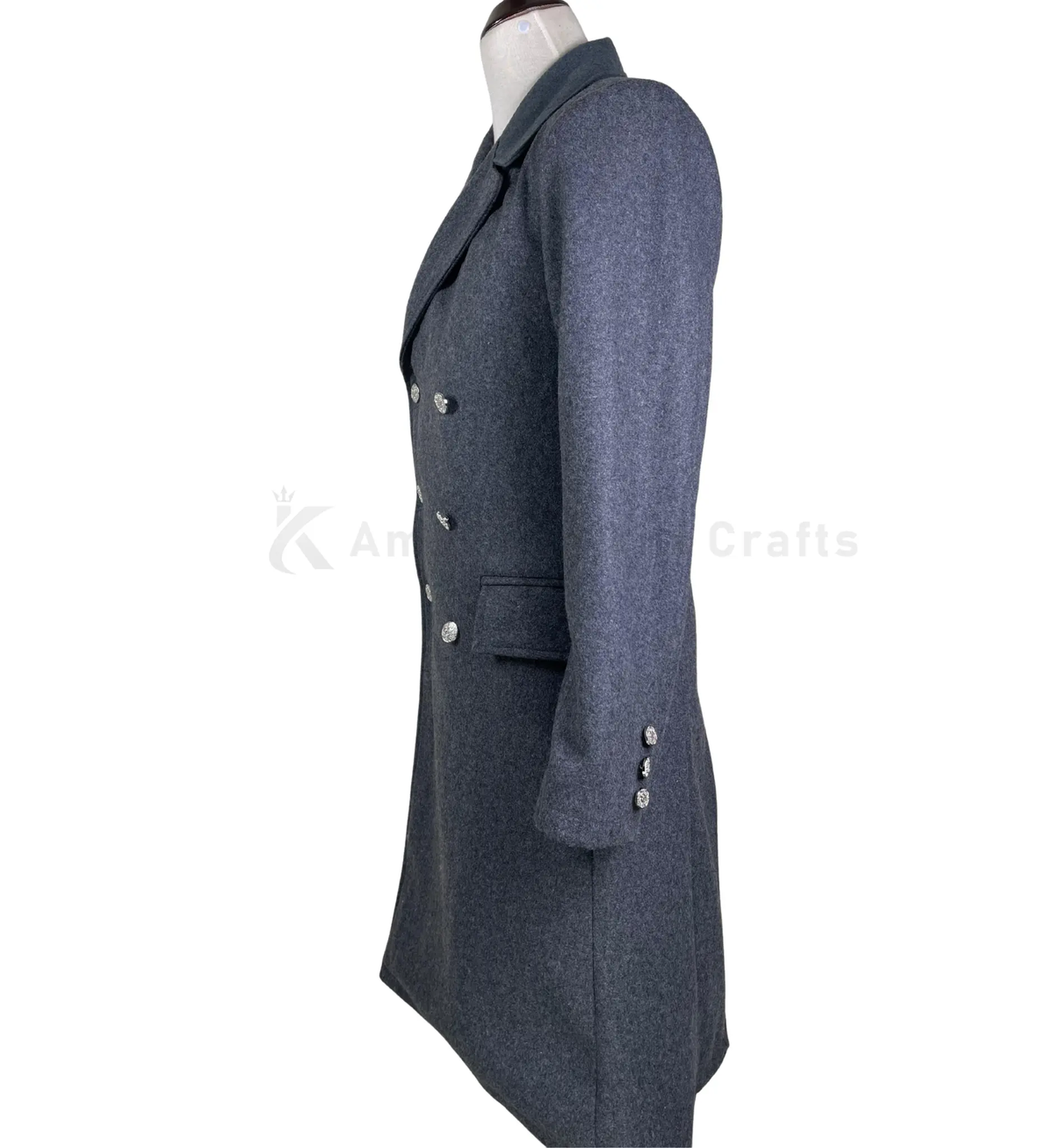 Side view of men’s grey wool military greatcoat highlighting the long structured fit, double-breasted styling and classic winter coat profile.
