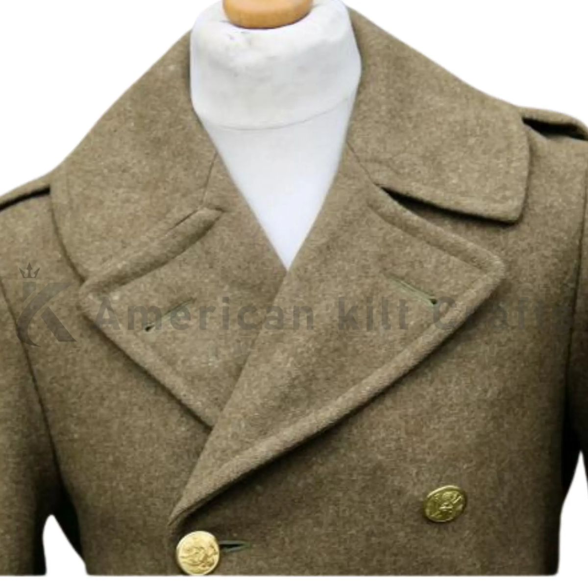 Close-up of men’s heavy wool olive brown greatcoat showing the double-breasted buttons, structured collar, thick wool texture and refined military-style detailing.